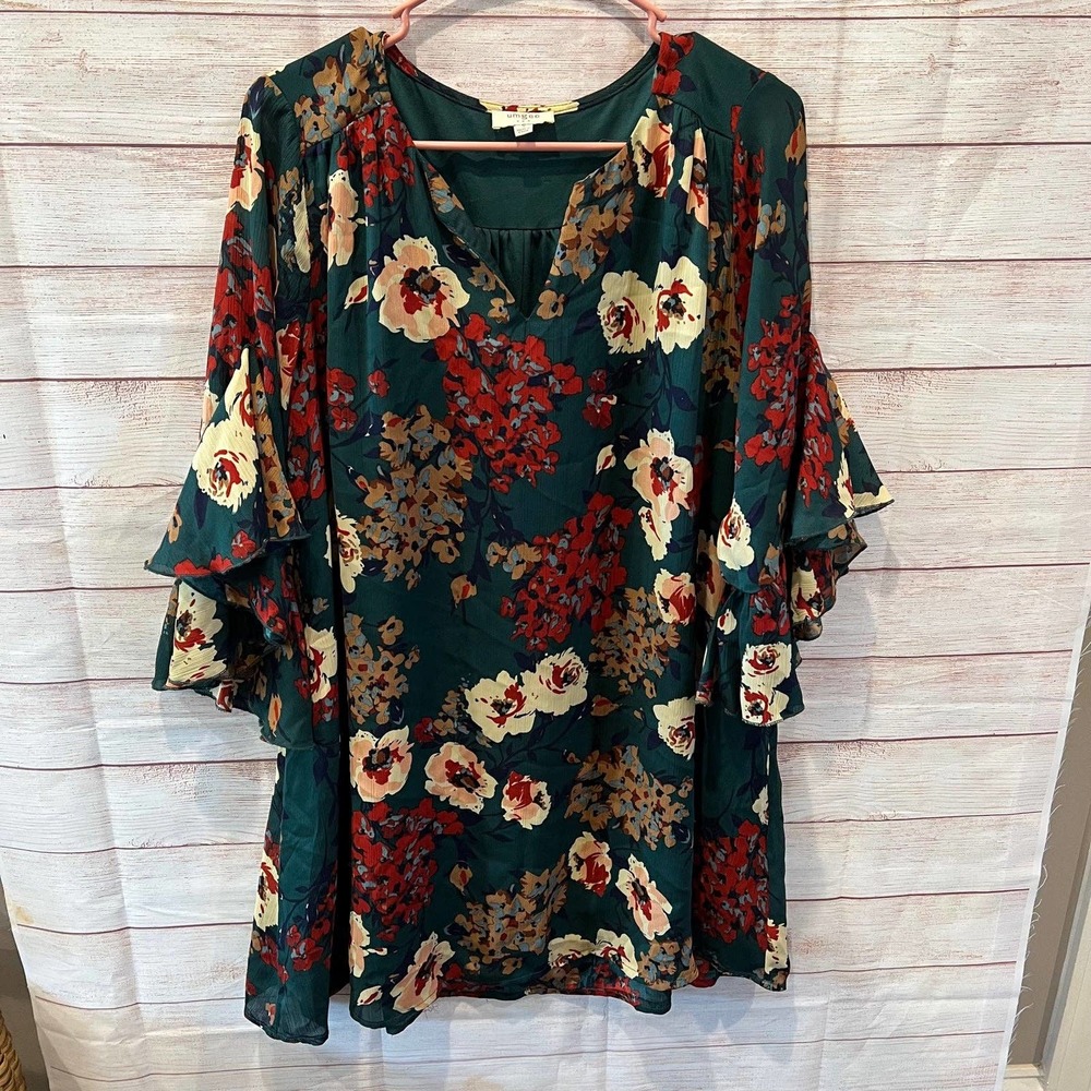 UMGEE Fall Autumn Green Floral Fashion Dress Flutter Bell Sleeves Small